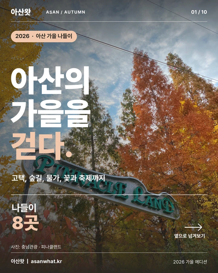 아산의 가을을 걷다. 고택, 숲길, 물가, 꽃과 축제까지 가을 나들이 8곳을 소개하는 표지