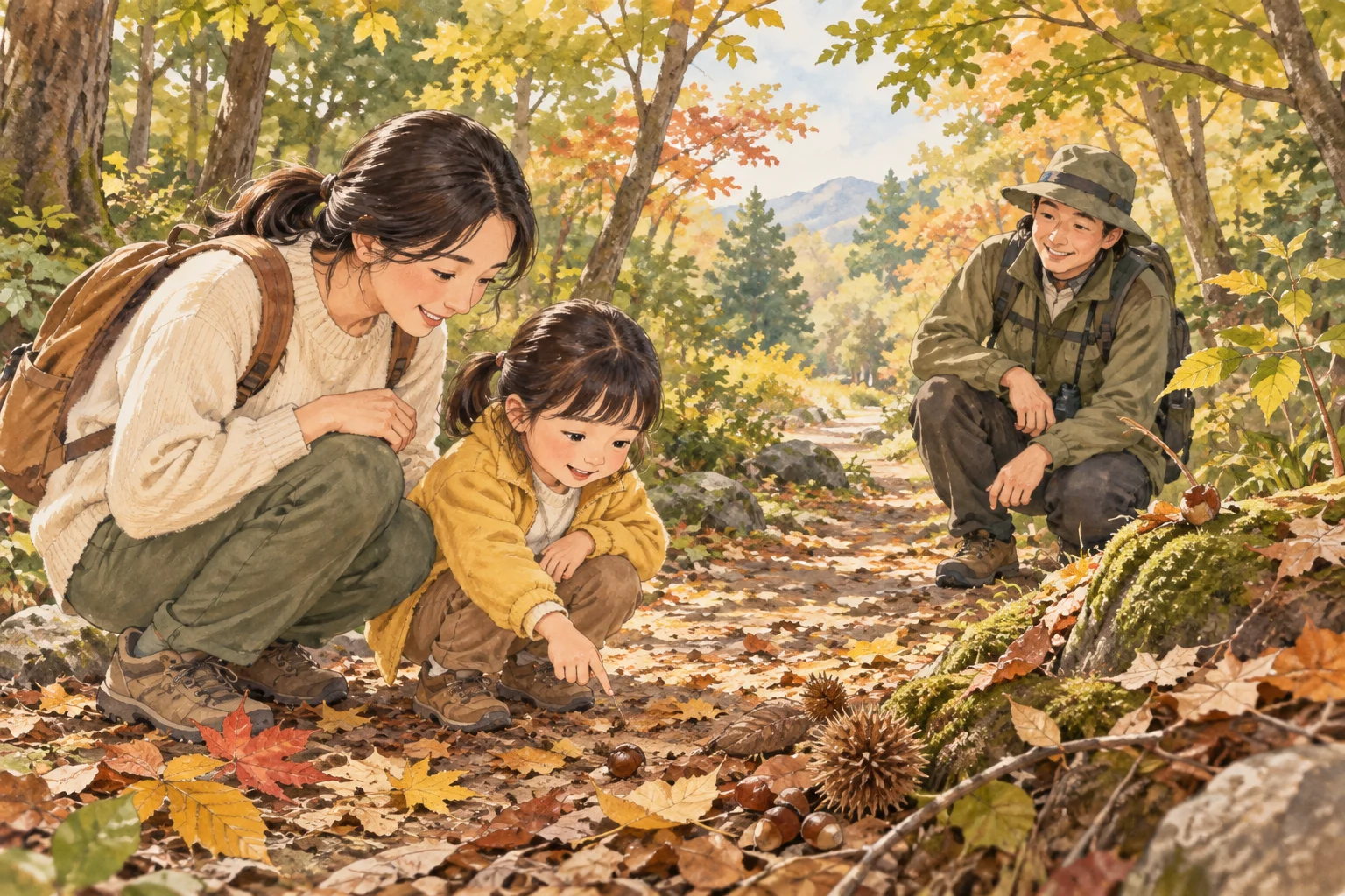 보호자와 아이의 숲 관찰을 설명한 AI 참고 그림