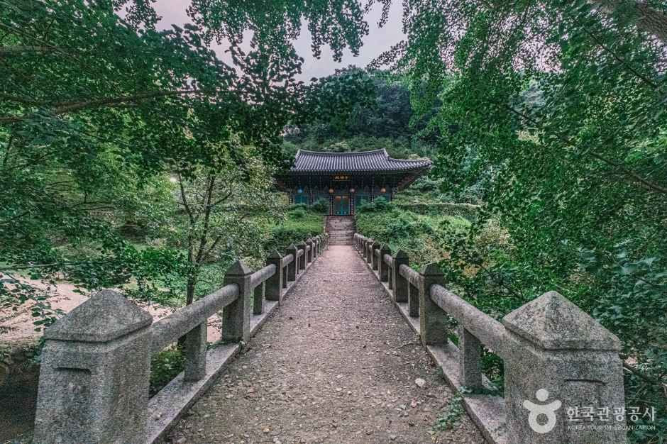 석재 난간 사이 길 끝에 보이는 광덕사 전각 · 자료사진