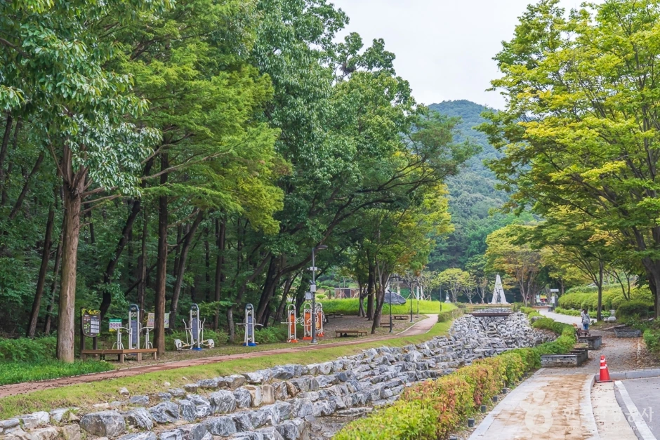 돌로 정비한 수로 양옆의 산책길과 나무 그늘, 운동시설이 있는 태조산공원 · 자료사진