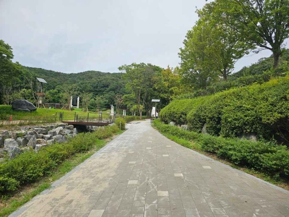낮은 돌수로와 잔디 옆으로 이어지는 태조산공원의 넓은 포장 산책길 · 자료사진