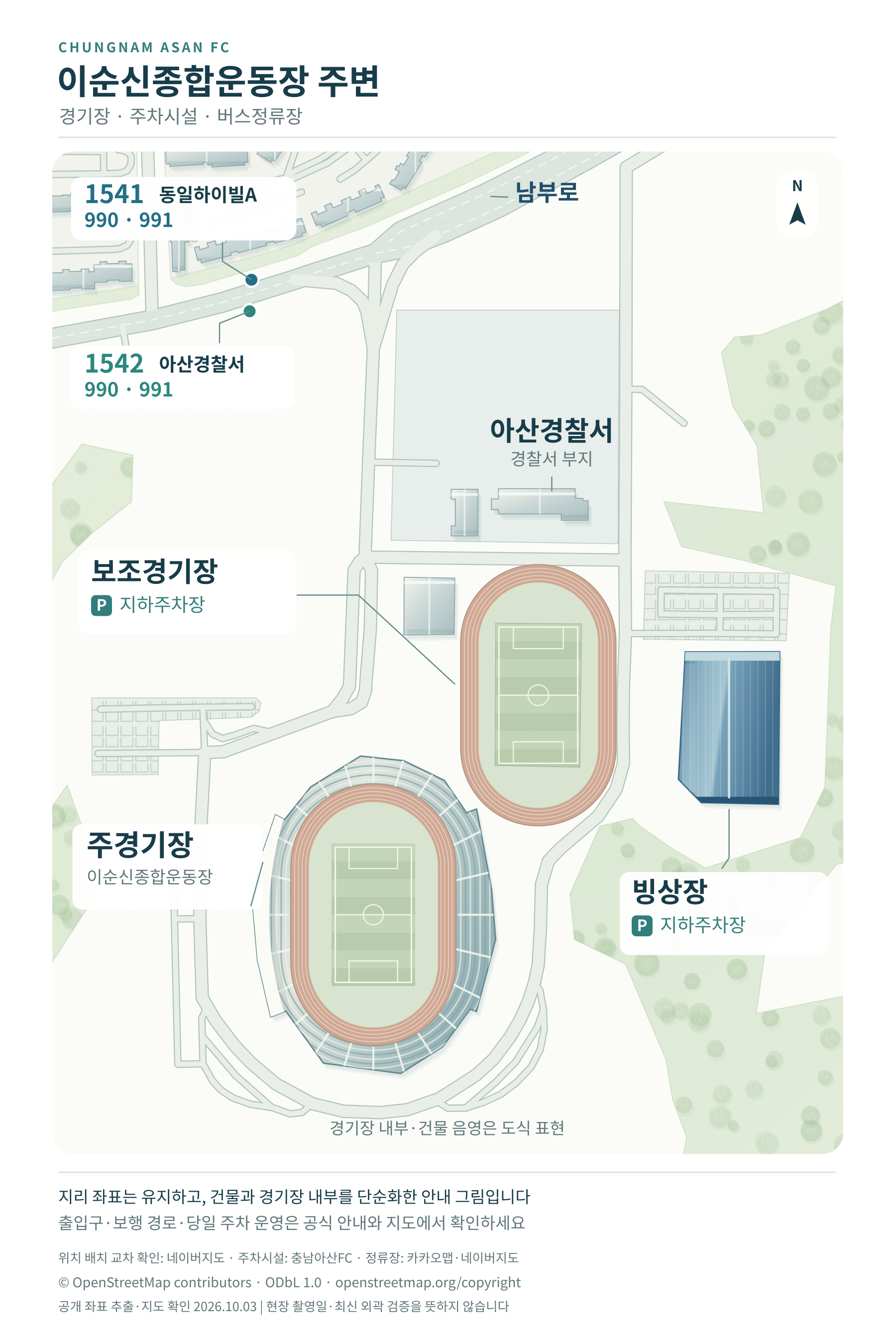 이순신종합운동장 주경기장과 보조경기장·빙상장 지하주차장, 남부로의 동일하이빌A 1541·아산경찰서 1542 정류장을 표시한 비축척 약도