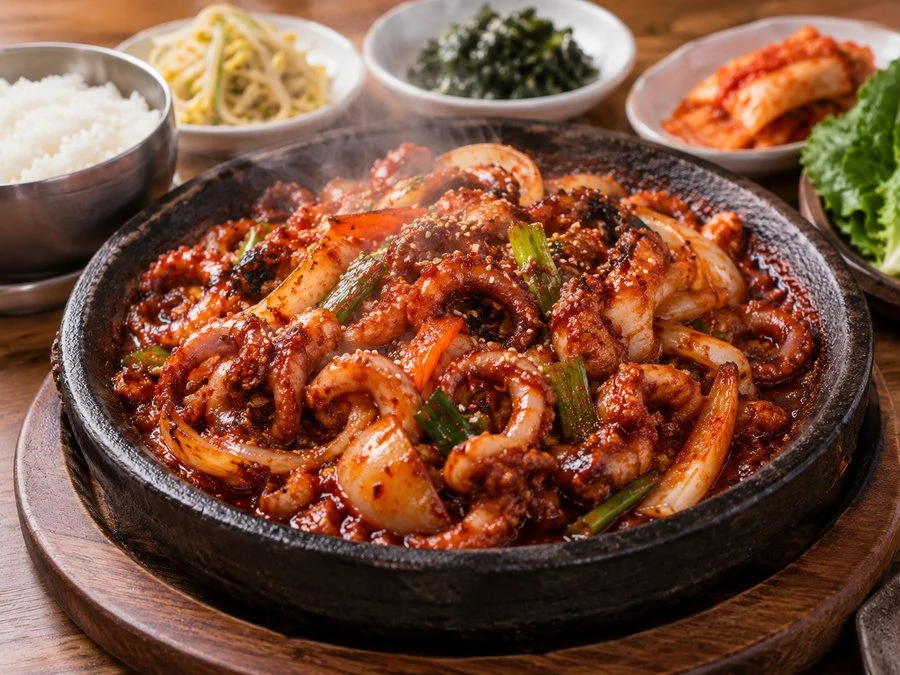 북한강쭈꾸미 메뉴를 표현한 AI 예시 이미지 · 실제 음식·매장 사진이 아닙니다