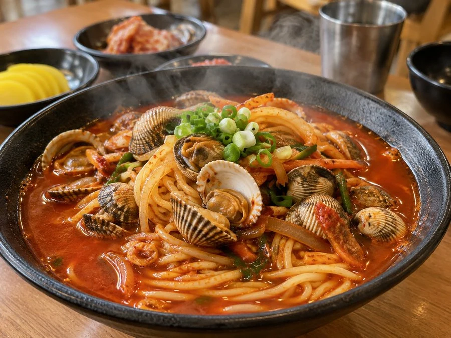 불티나꼬막짬뽕 메뉴를 표현한 AI 예시 이미지 · 실제 음식·매장 사진이 아닙니다