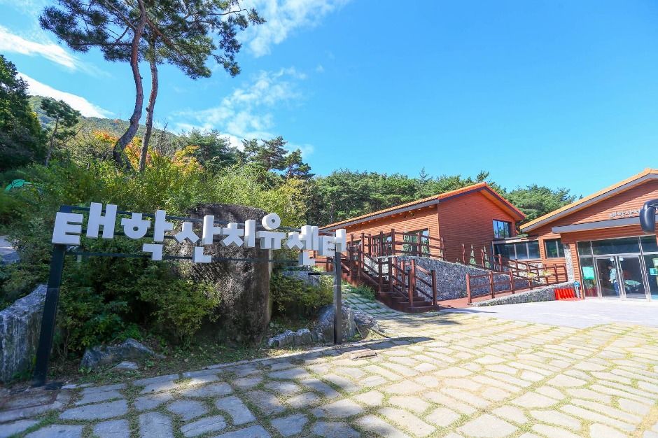 태학산치유센터 간판과 목재 외벽 건물, 연결 데크 · 자료사진