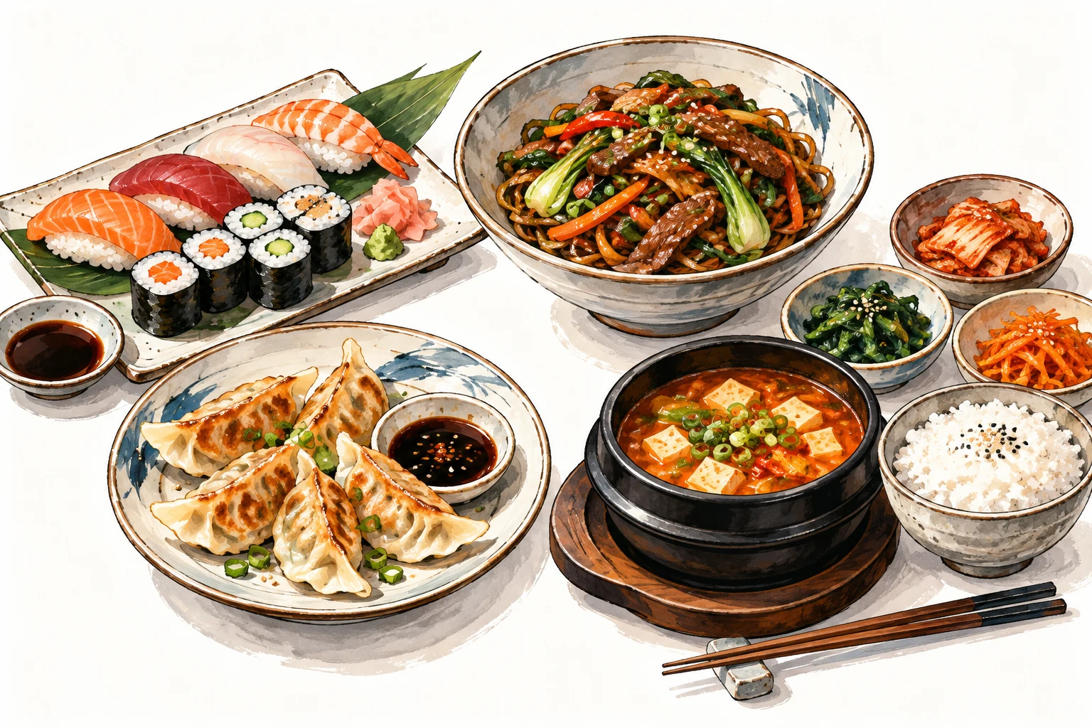 배방 맛집 가이드의 여러 음식 종류를 표현한 주제 일러스트 · 실제 매장 음식 사진 아님