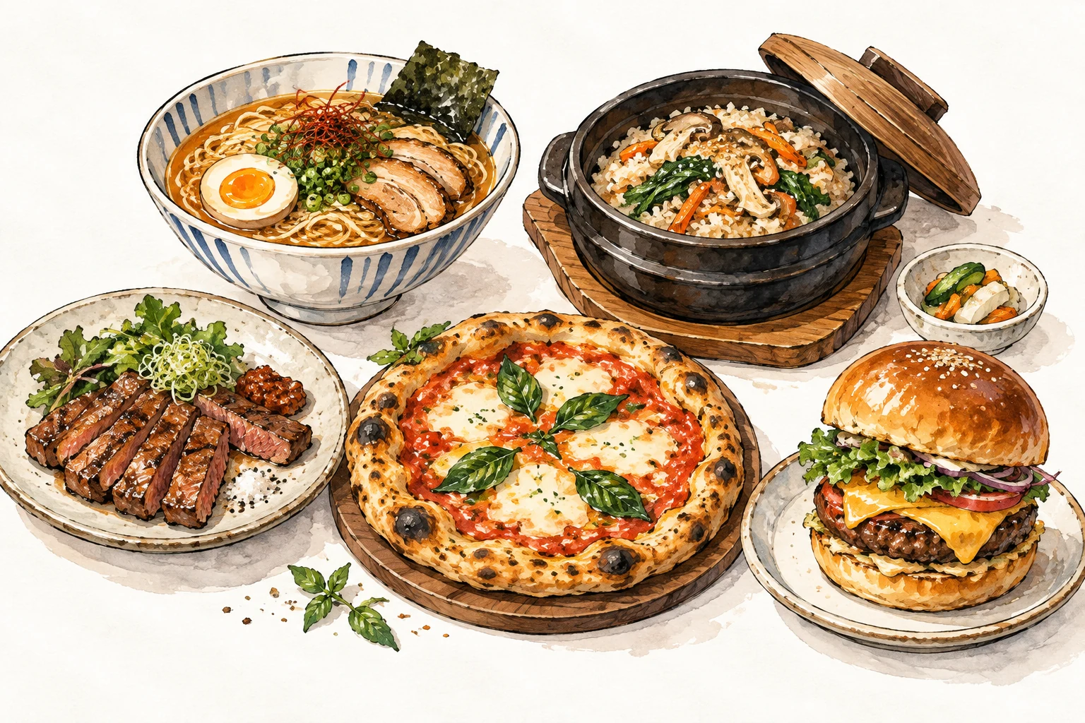 탕정 맛집 가이드의 여러 음식 종류를 표현한 주제 일러스트 · 실제 매장 음식 사진 아님