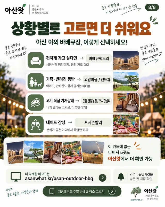 상황별로 아산 야외 바베큐장 고르기 · 사용자 제공 안내 카드 이미지